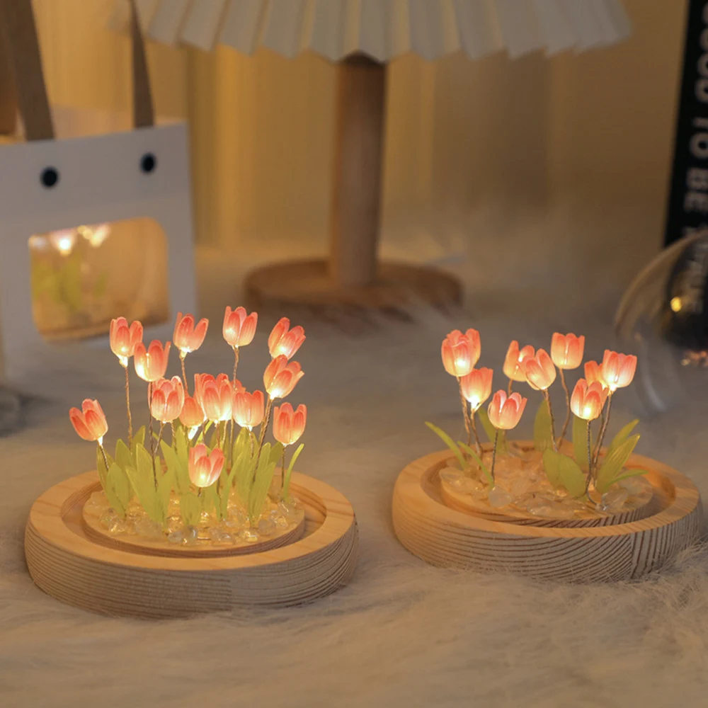 LED Nightlight DIY Material 10PCS Beautiful Tulip Flowers Nightlight Wooden Base And Dome Glass Handmade Gift Battery Operated