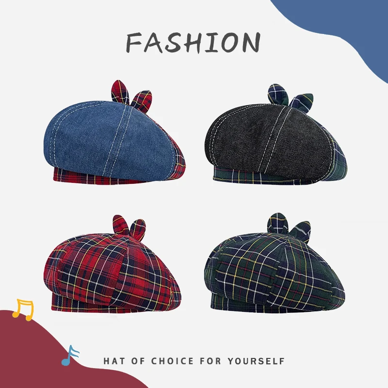 

Korean Retro Contrasting Color Plaid Splicing Denim Berets Cap Y2K Summer Travel Versatile Casual Literary Painter Hats Woman