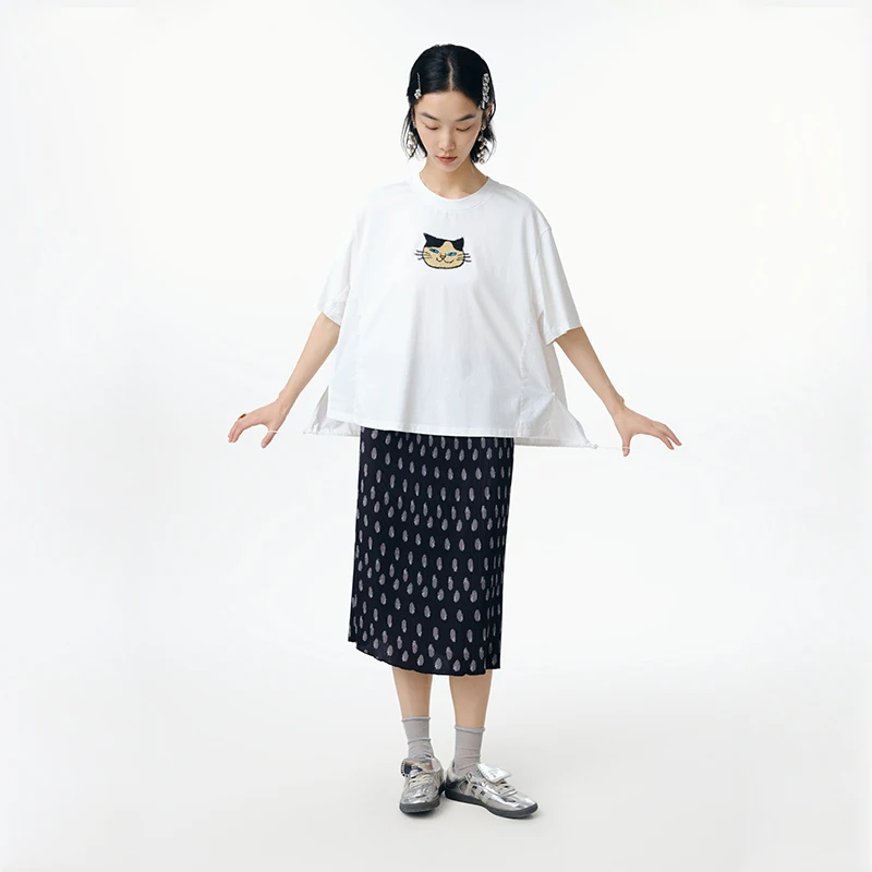 MOVEUP Short Sleeves Round Neck T-Shirt 2026 Summer New Cat Embroidered Commuting Tees Casual Loose Fit Top For Women 325210509