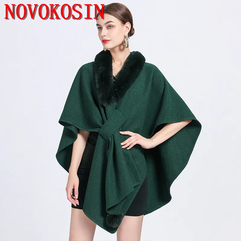 

12 Colors Autumn Luxury Faux Fur Neck Poncho Women Criss-Cross Batwing Sleeves Woolen Warm Shawl Loose Streetwear Pompon Coat