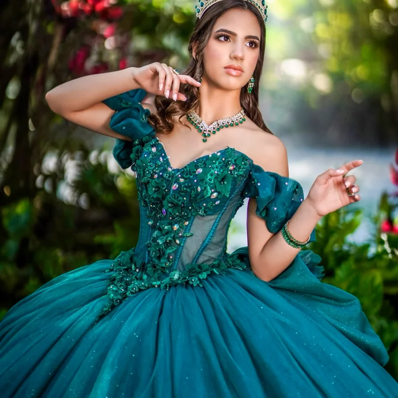

Customized Shiny blackish green Off Shoulder Quinceanera Dress crystal applique 3D flower Tull vestidos de 15 Quinceanera ﻿