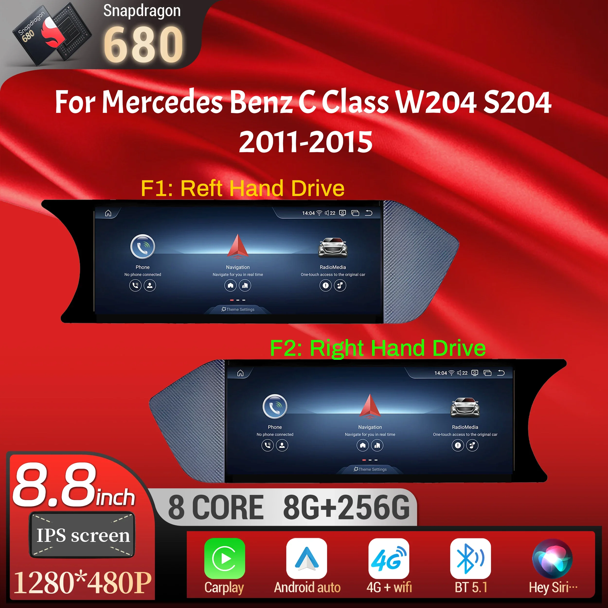 8.8 inch Android 13 For Mercedes Benz C Class W204 S204 2011-2015 Car Radio BT Carplay Qualcomm Snapdragon 680 Head Unit Screen