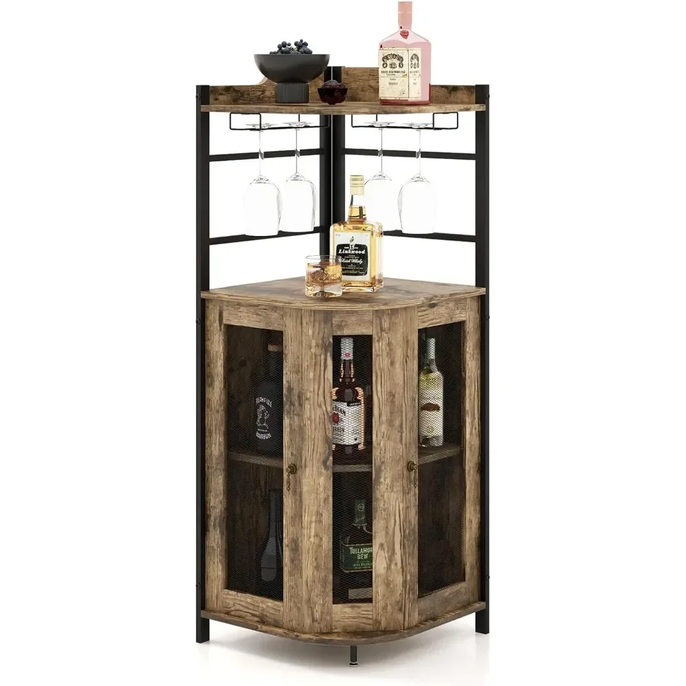 Bar Cabinet, Industrial Wine Cabinet with Metal Mesh Doors & Adjustable Shelf, Liquor Cabinet Rustic Brown