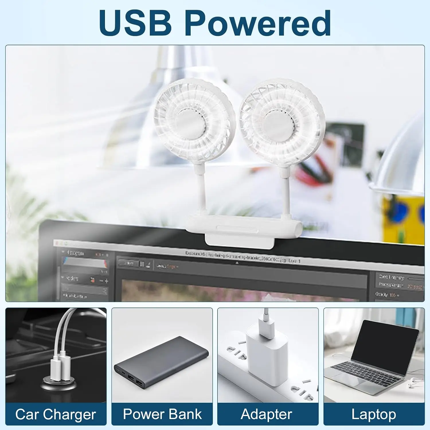 Monitor Fan, Screen Fan with 2 Fans，3 Speeds  with Sturdy Adjustable Clamp, USB Powered Fan for Office Laptops, Desktop PC