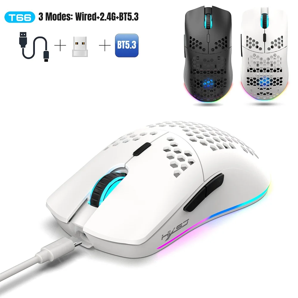 

ZLRLMHY New arrival T66 Tri-mode macro programmable RGB luminous 650mAh rechargeable gaming wireless honeycomb mouse for laptop