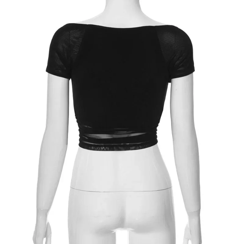 Women Sexy Black Mesh T-shirts Temperament Slim All-match Vintage Hotsweet Summer Chic Square Collar Fashion Streetwear Gothic