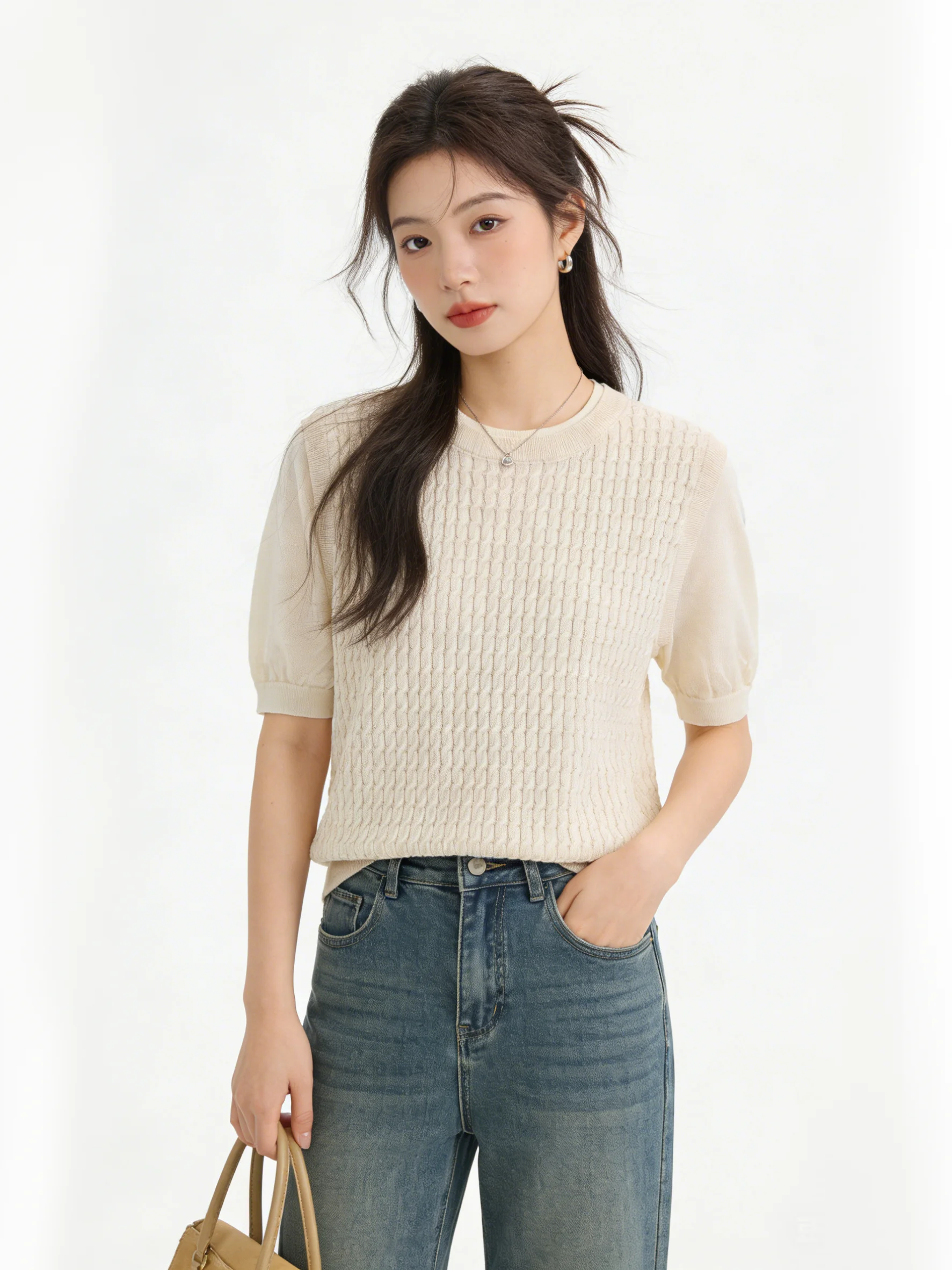 

Korean Style College Fashion Short Sleeve Knitted Sweater Splice Thin Young Looking Twisted Texture Short Top Women's Clothing