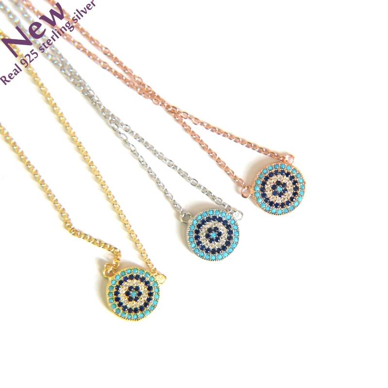 925 Sterling Silver Evil Eye Hamsa Cz Turquoises Paved Round Eyes Charm Pendant Necklace New Lucky Girls Fashion Jewelry