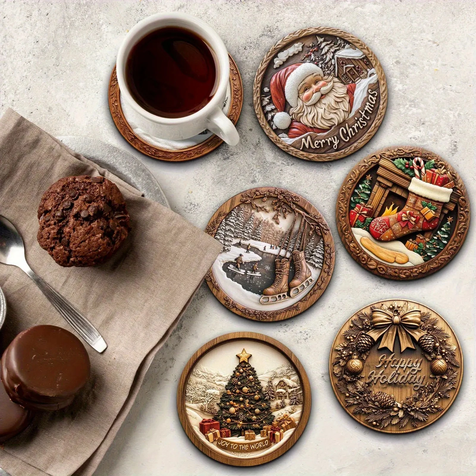 2D Retro Christmas 4in Wooden Coasters Heat-Resistant Decorative Tabletop Accessories with Festive Elements for Home Decor Gift