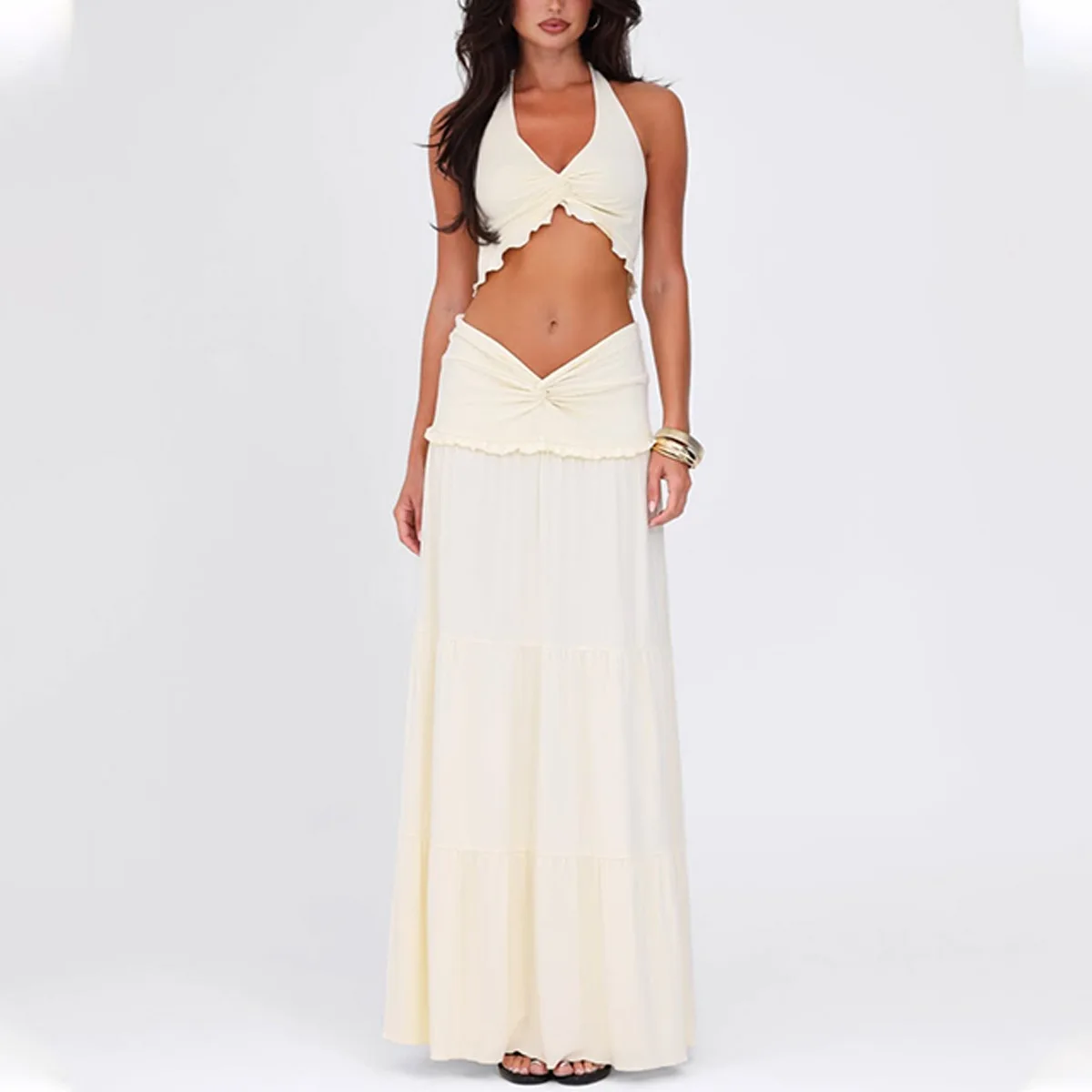 طقم تنورة طويلة مثير برقبة على شكل V للنساء، بلوزة قصيرة الأكمام بحواف خشبية، زي صيفي أنيق من قطعتين