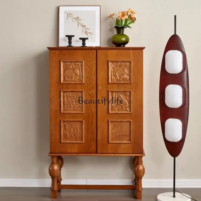 Medieval style modern solid wood double door carved dining side cabinet retro style cherry wood locker