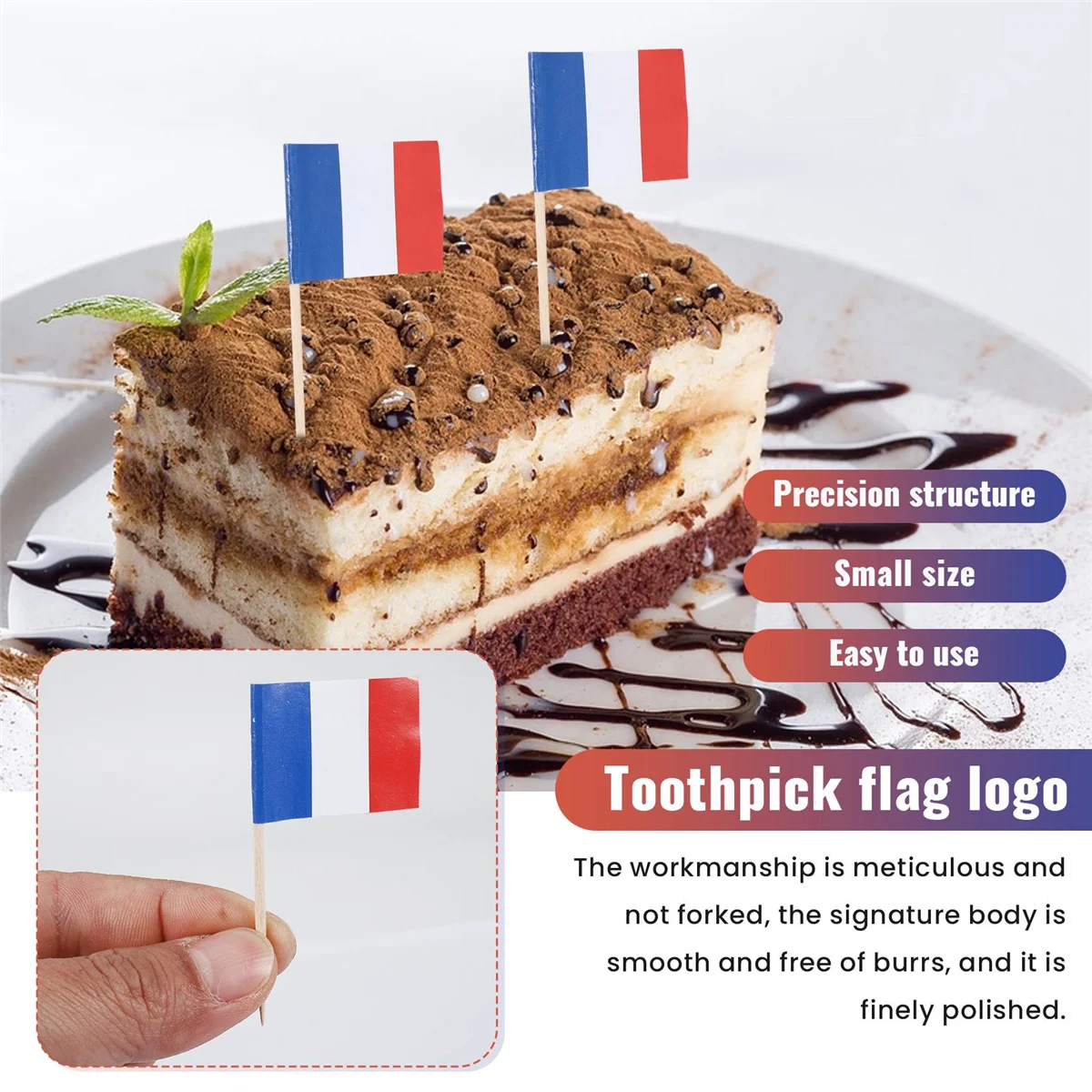 Lot of 50 Pcs Mini Wooden Toothpick with Flag for Decor of Party Fruit Pastry - France (Blue, White, Red) HGC
