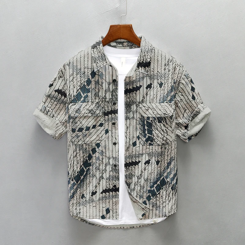 

Casual Shirts for Men Fashion Digital Printing Short Sleeve Shirt Man Loose Large Size Button-up Shirt