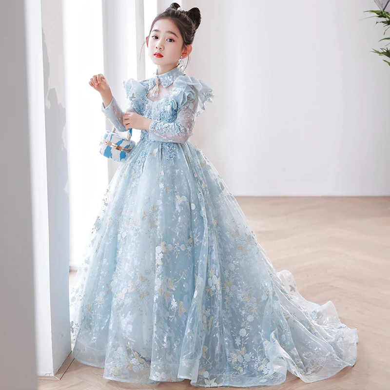 Light Blue Embroidered Dresses for Elegant Flower Girl Birthday Party Luxury Pageant Wedding Dress Kids Formal Long Evening Gown