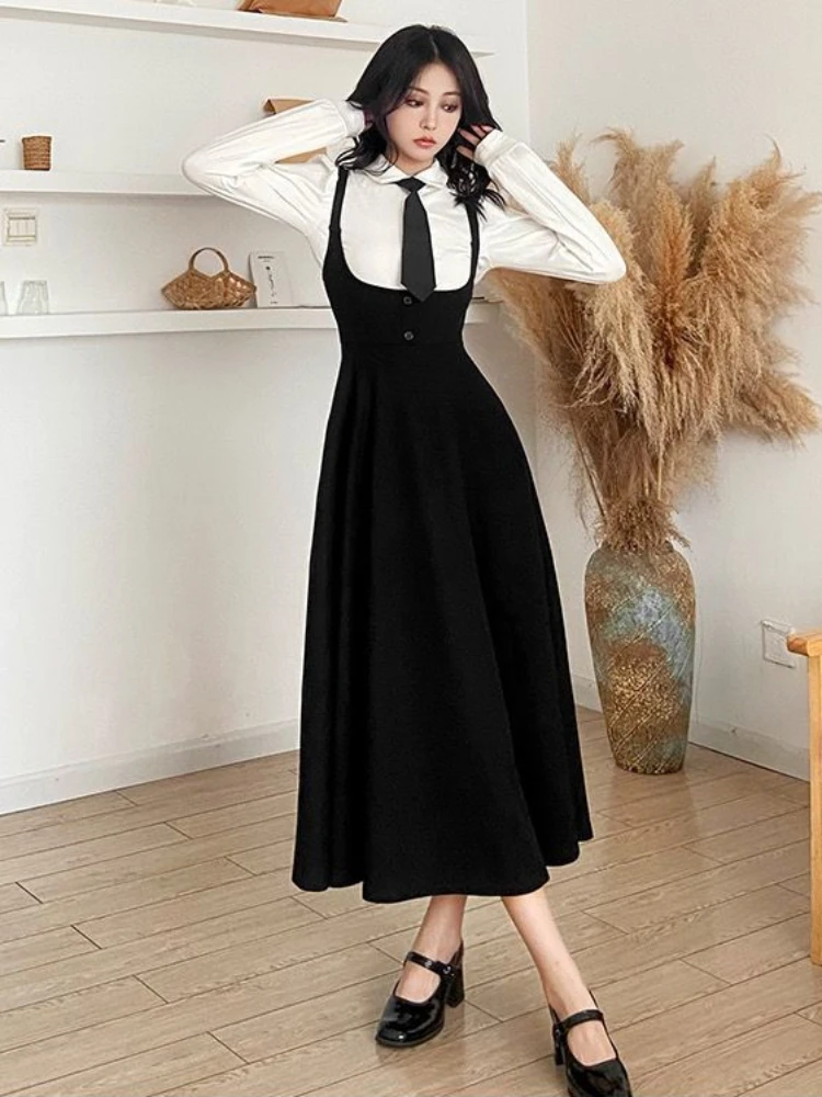 Women Sets Solid French Style Black Strap Midi Dresses Folds Female Trendy Casual Autumn White Shirts Simple Chic Ins Vintage