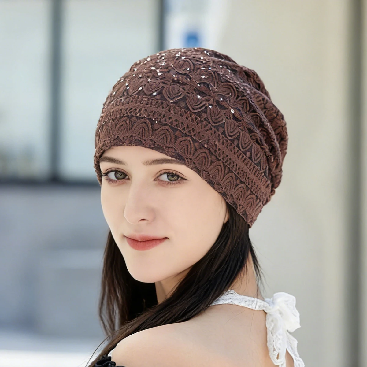 Women Fashion Lace Beanies Cap Rhinestone flower lace breathable spring summer beanie caps