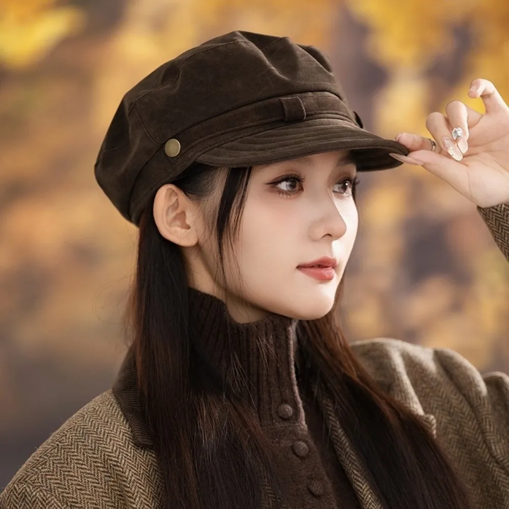 

Vintage Short Brim Suede Berets Warm Flat Top Artist Hat Windproof Solid Color Painter Hat Women