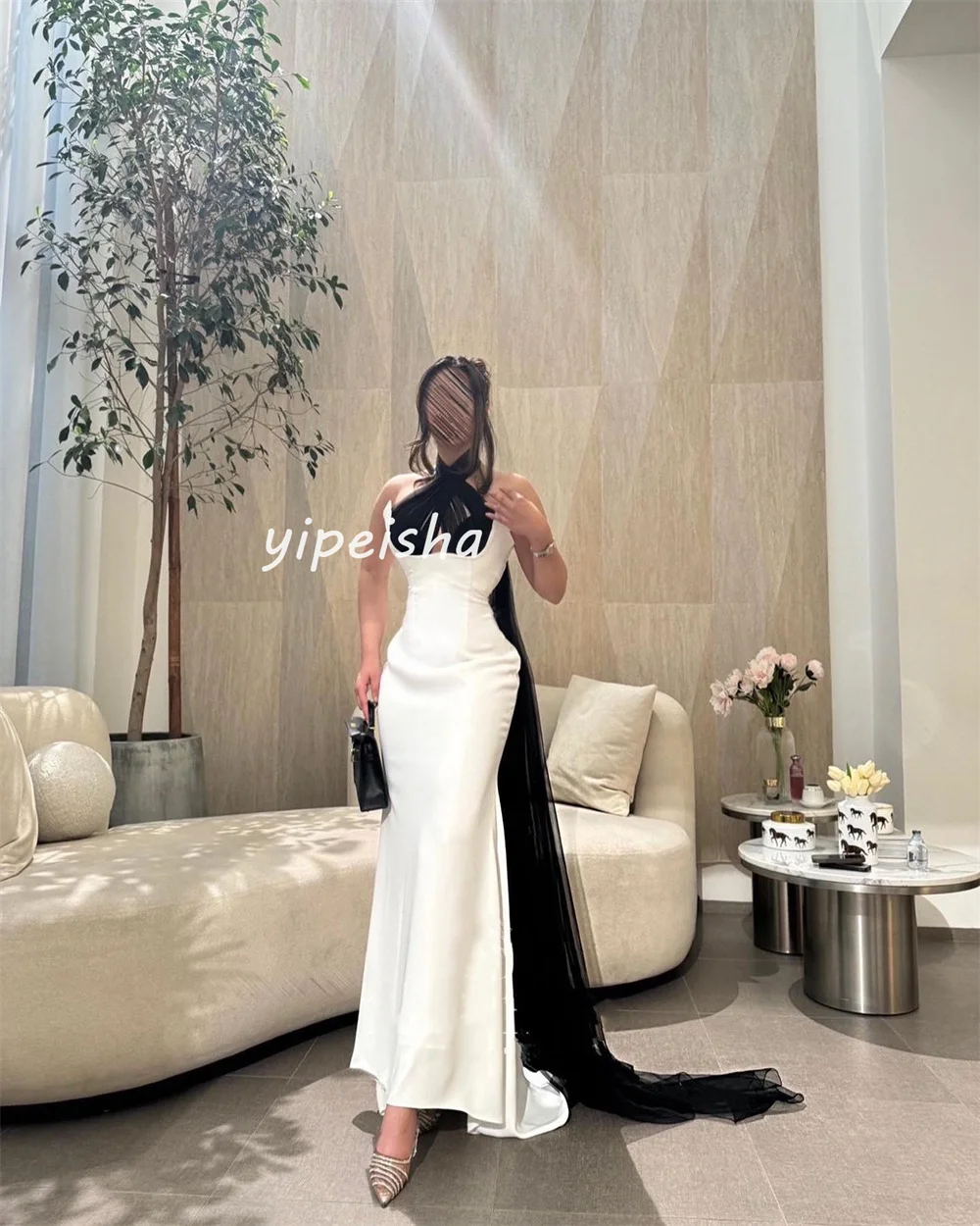 Customized Matching Classic Jersey Pleat Mermaid Halter Long Dresses Cocktail Dresses Exquisite Elegant Chinese Style Pastrol Fa