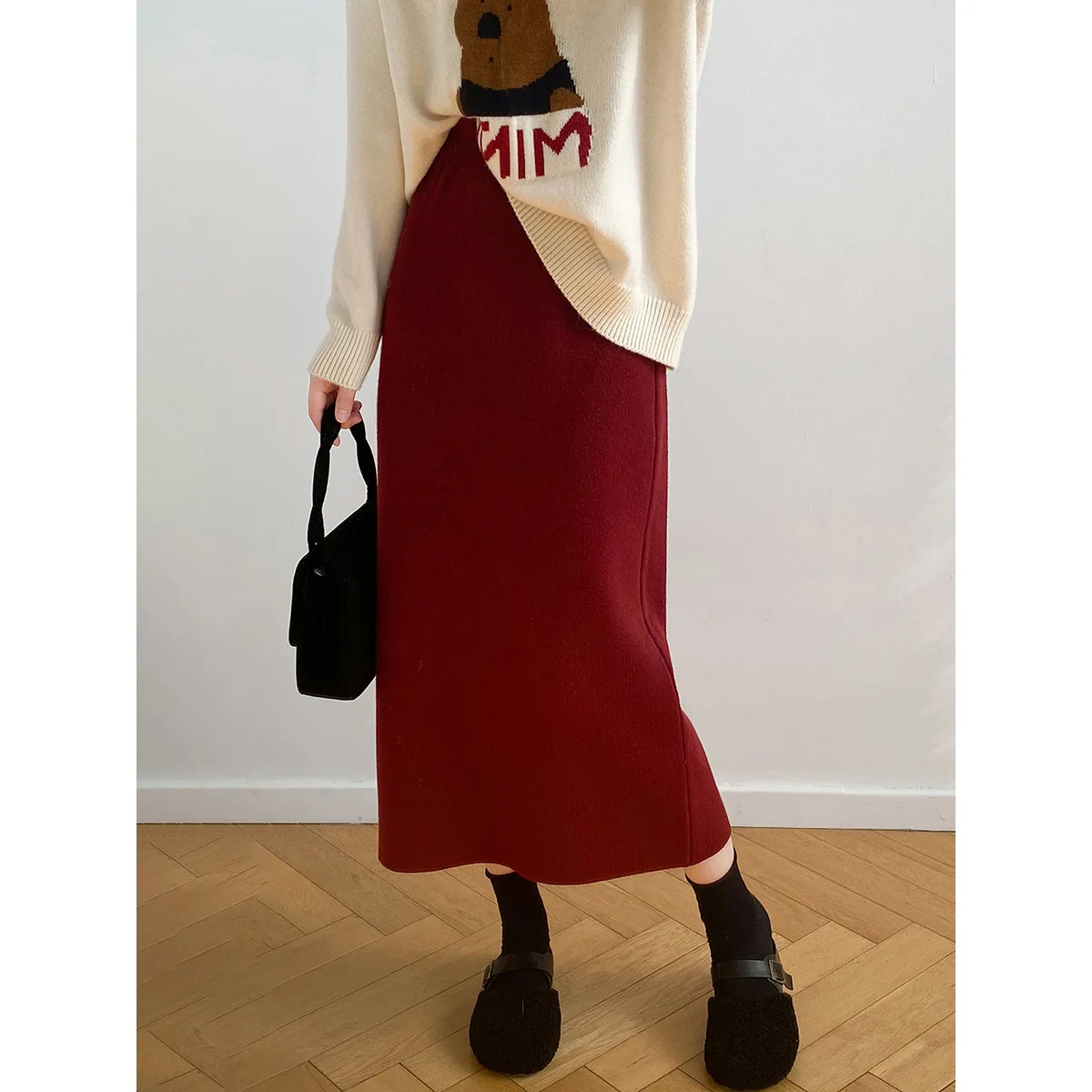 New Fashion Knitted Skirt Women for Autumn Winter Spring Korean Style High Waist Elastic A-line Long Skirt Christmas Red 7-5