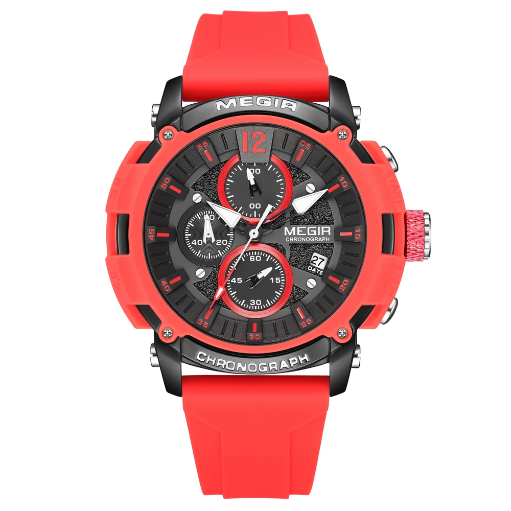 Megir Men's Chronograph Analog Quartz Watch for Men with Date Luminous Hands Orange Silicone Strap Waterproof Wristswatch Male