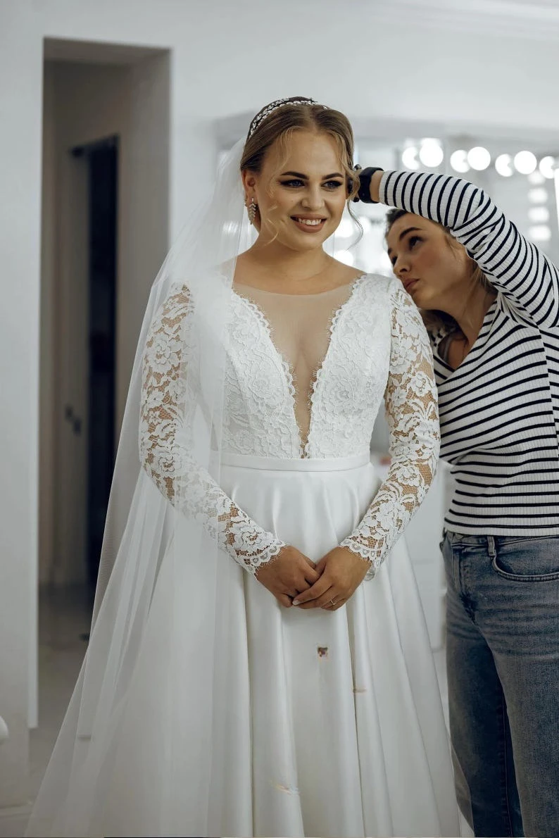 Vestido de novia de satén, vestido de novia de cola larga de satén, vestido de novia bohemio de manga larga, vestido de novia sencillo, vestidos de fiesta