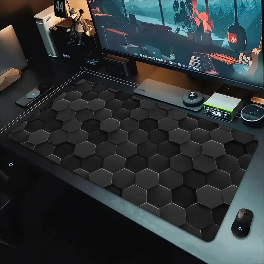 Grey Hexagon Geometric Pattern XXL Gaming Mouse Pad Non Slip Rubber Base Desk Mat For Keyboard Gamer Modern Workspace Zone