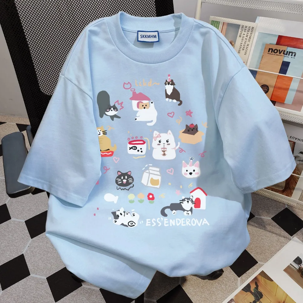 Pure Cotton Summer Short Sleeve T-shirt Sky Blue Korean Cute Cat Cartoon T Shirts Grunge Y2K Tops Couples Harajuku Oversized Tee