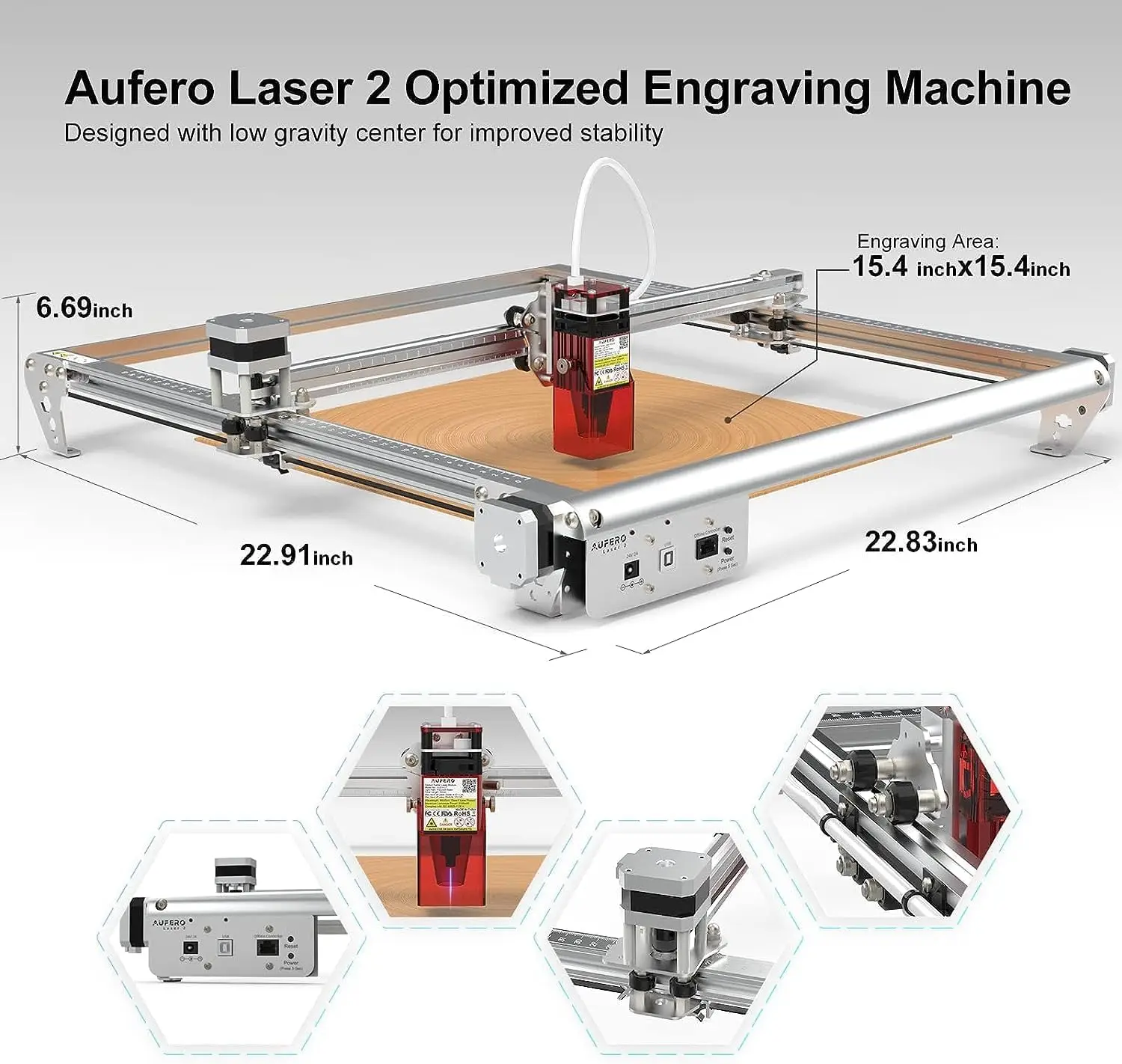 Aufero Laser 2 Laser Engraver, 5W Diode Short Focus Engraver, Engraving Machine for Wood/Leather, 15.7x15.7 inch Eng