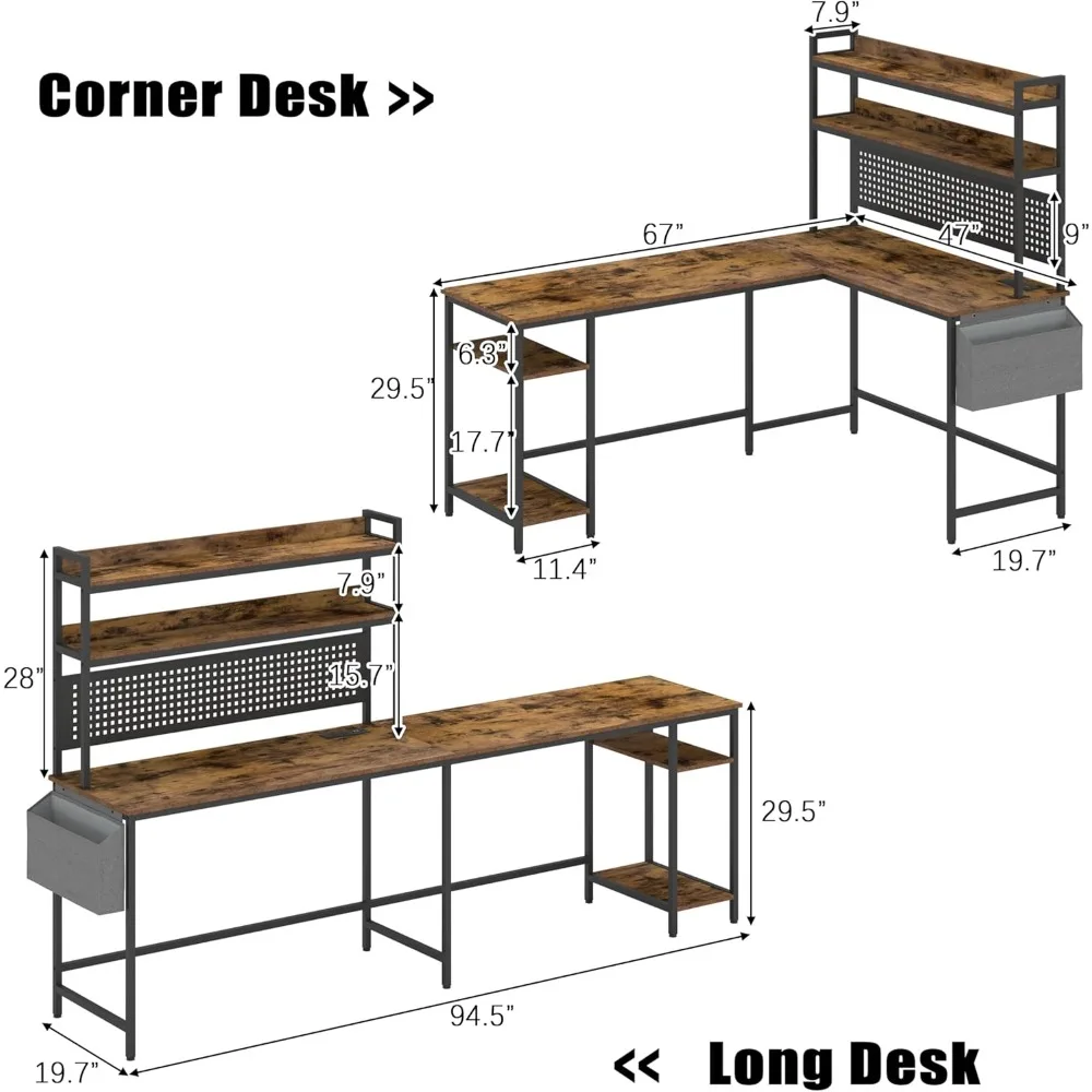 Large L Shaped Office Desk, Reversible Corner Computer Desk with Power Outlet and LED Light, Sturdy Gaming Desk with Storage Sh