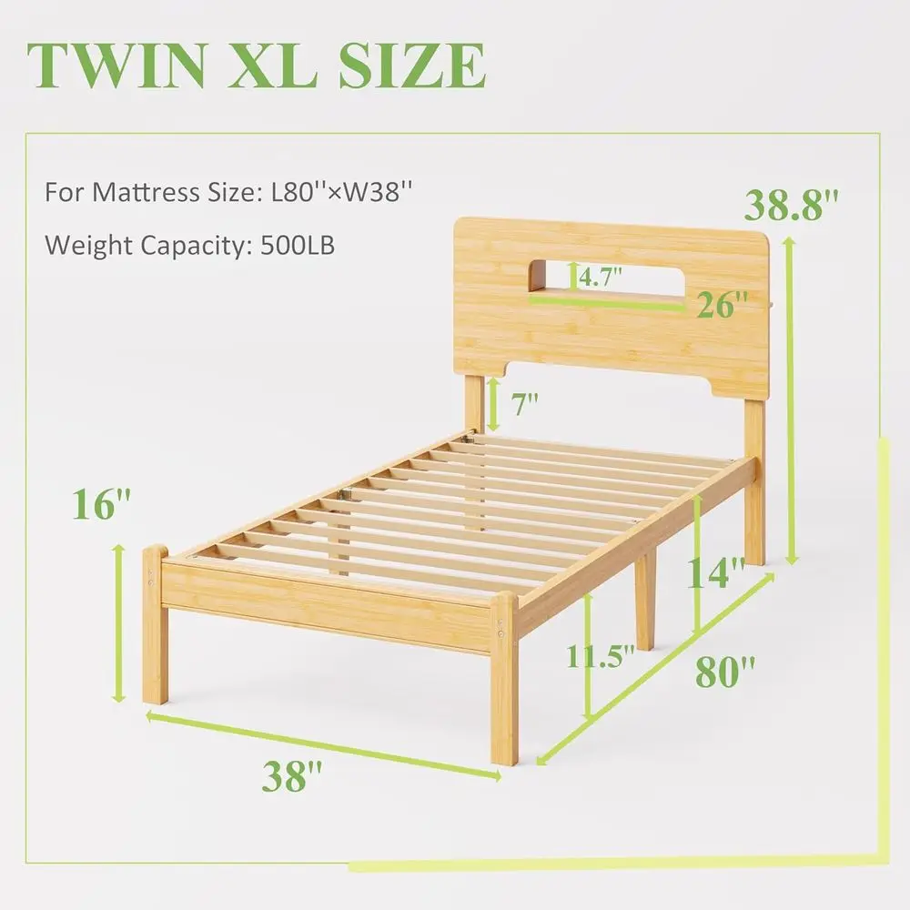 Solid Bamboo Wood Twin XL Bed e with Storage board, 14 inch Platorm Twin XL Bed es No Box Spring Needed with Steel Slats, view 2