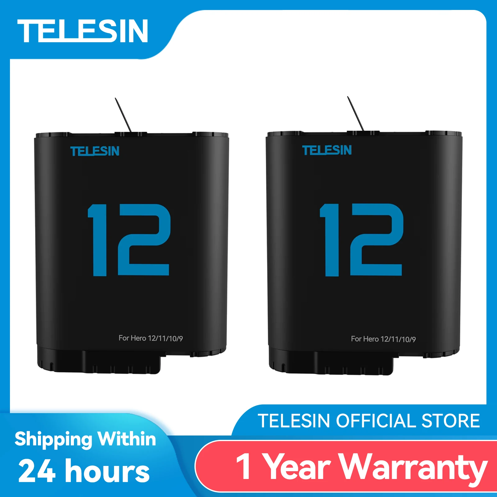 TELESIN-Lot de 2 batteries 1750mAh pour GoPro, accessoires pour caméra d\'action noire, pour modèles fore9 10 11 12