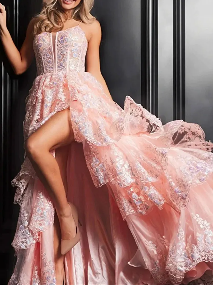 Spaghetti Straps A-Line prom Dress 2024 Up High Split Cake Dress Appliques Sequins Lace Ruffle Tiered Princess Dress