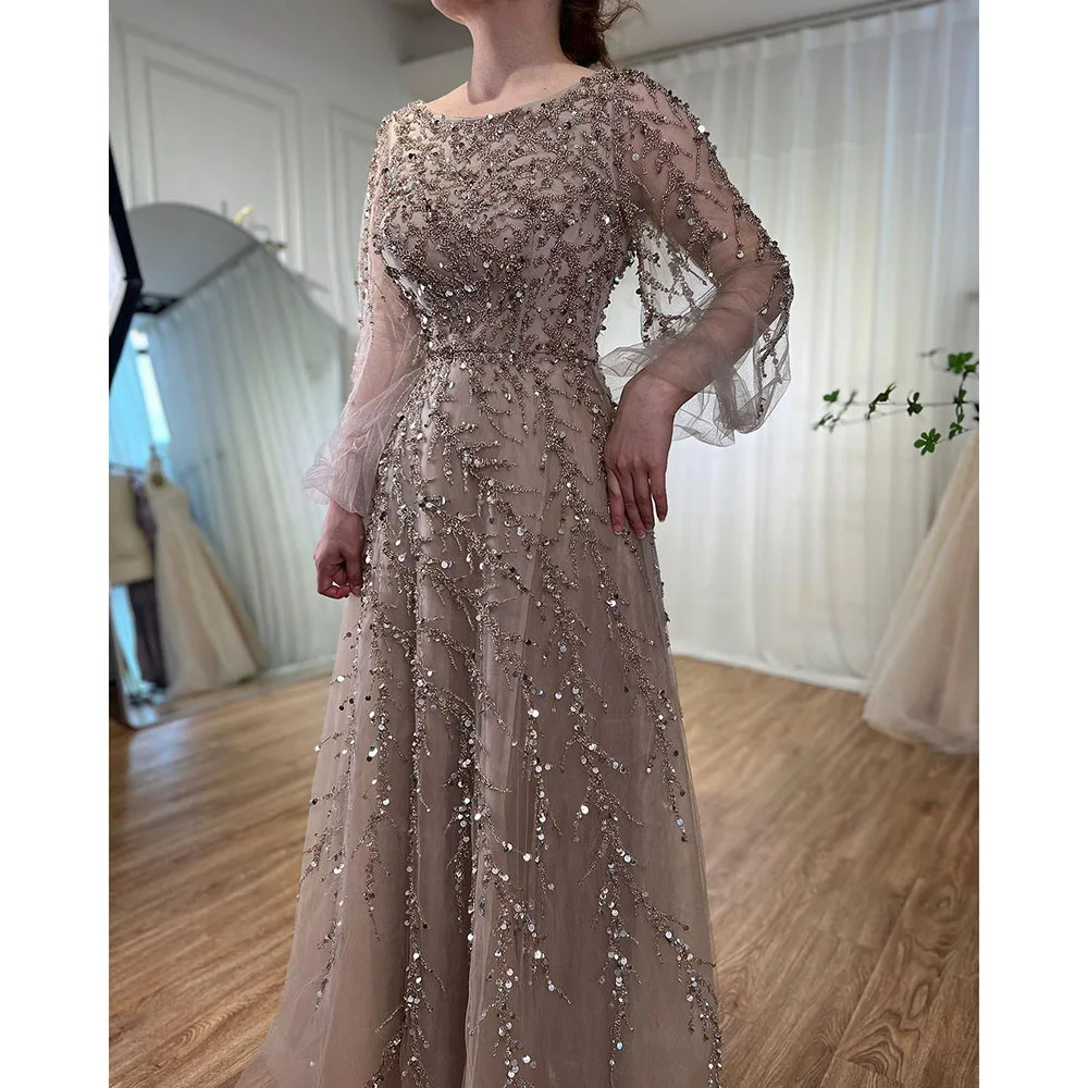 SERENE HILL Customized Muslim Caramel A Line Beaded Luxury Dubai Long Evening Dress Gown For Women Wedding Party 2025 CLA71653A