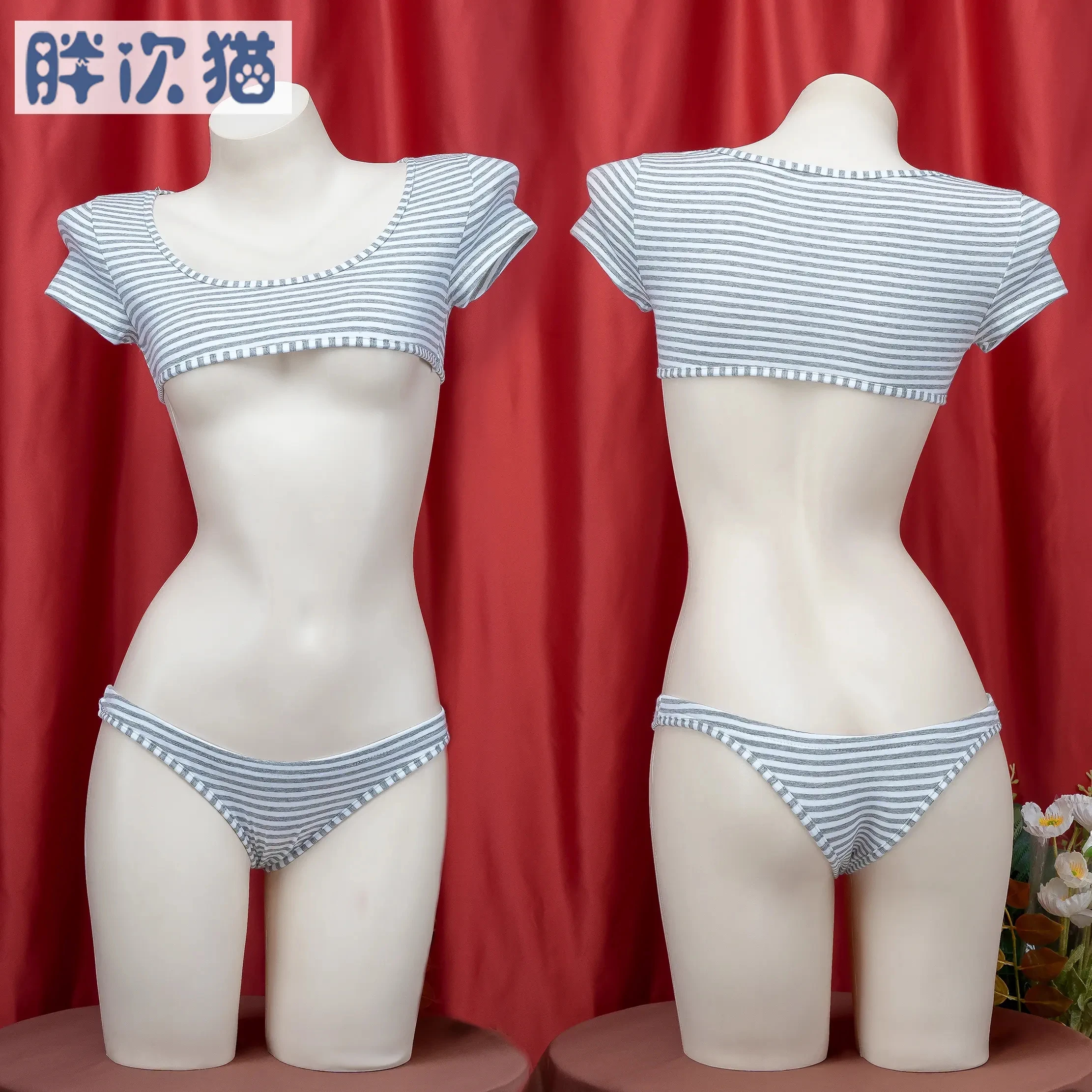 مجموعات ملابس داخلية يابانية مخططة من ثلاث نقاط ، زي تنكري للمدرسة للبنات ، زي بيكيني قصير للغاية