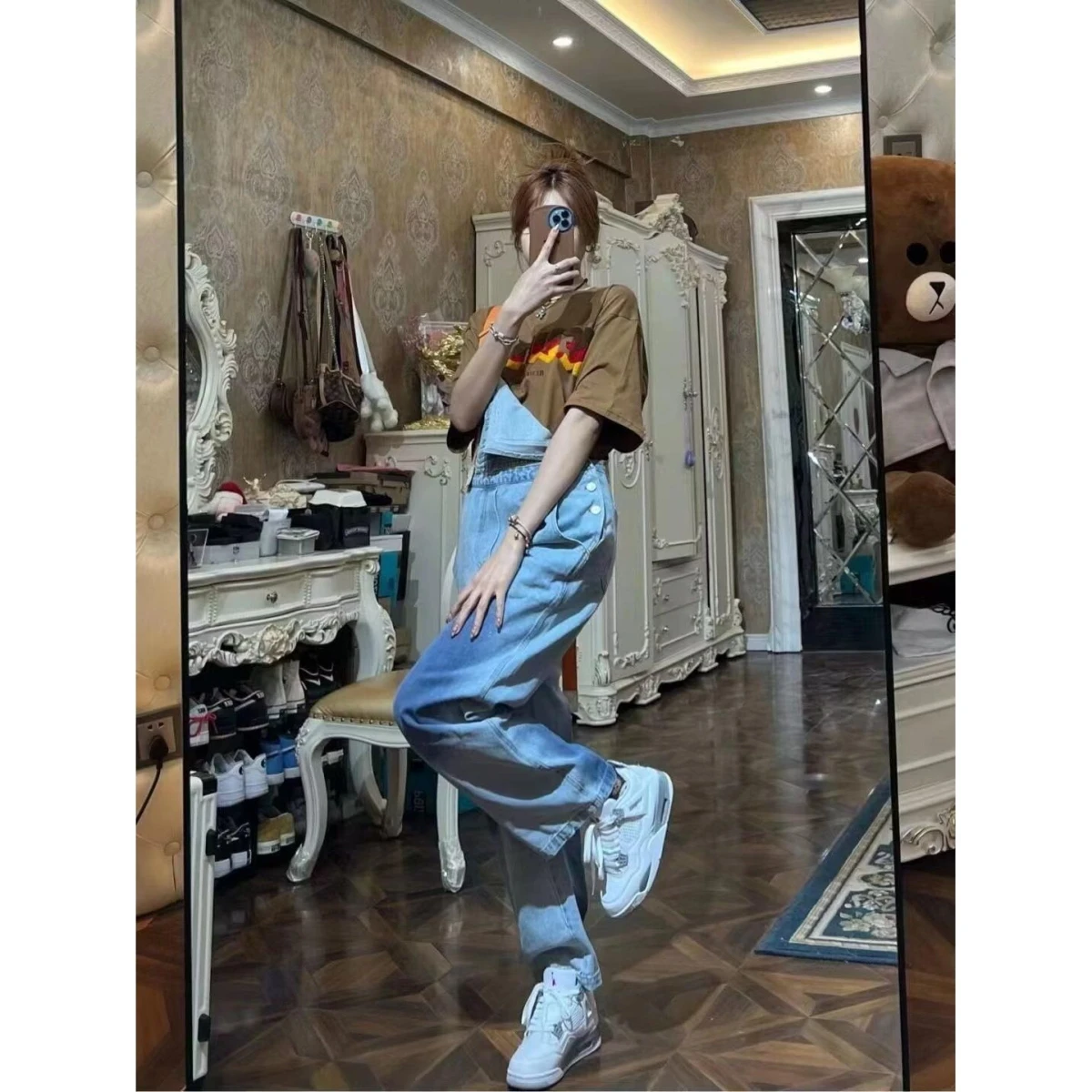 

Anti-Aging Denim Overalls Women's Summer New Loose Versatile Strap Wide Leg Pants Floor-Length Trendy Casual Pure Color