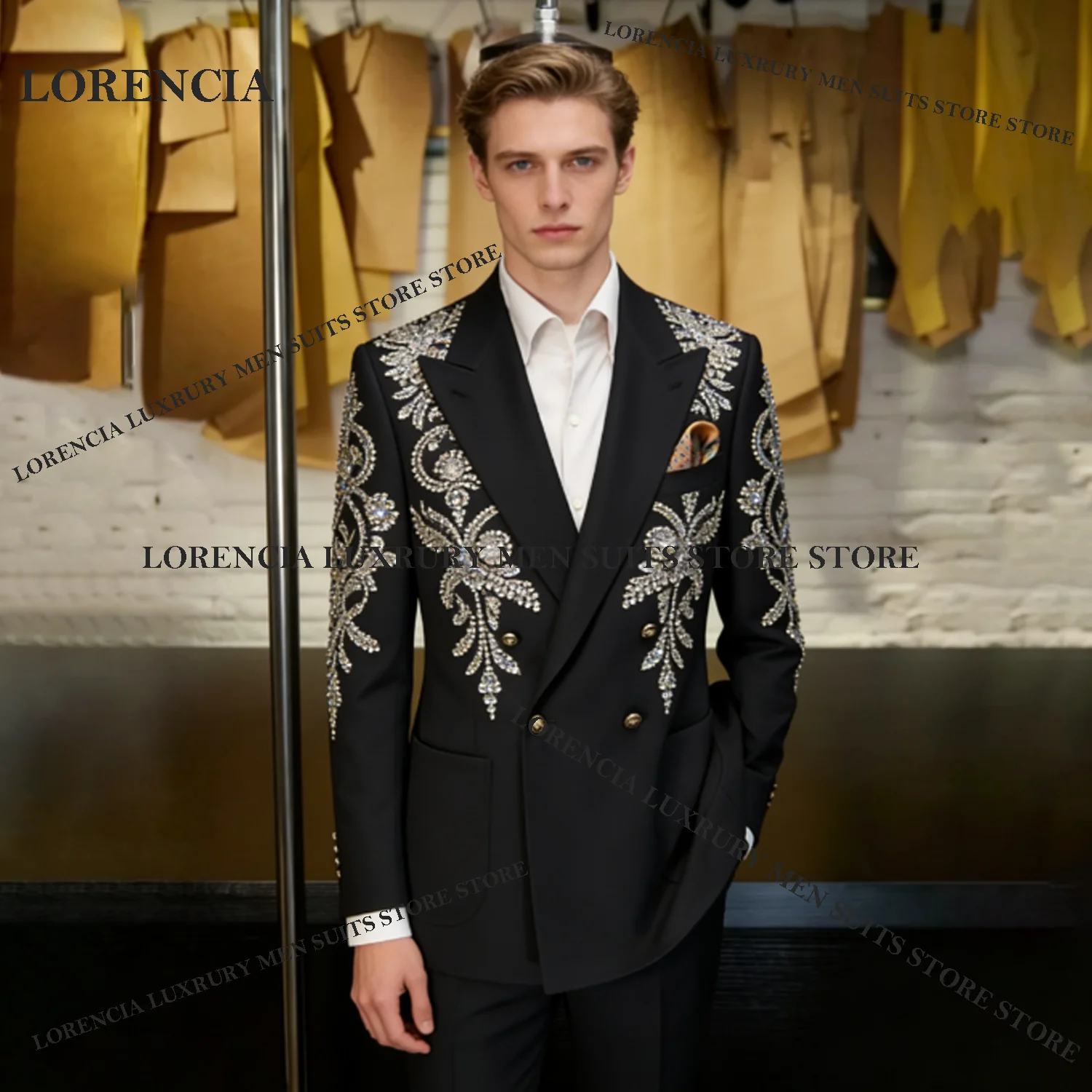 

Sparkly Sequin Men suits For Wedding Groom Gem Diamond Male Prom Party High Quality Blazer 2 Pieces Sets Tuxedos Slim Customized