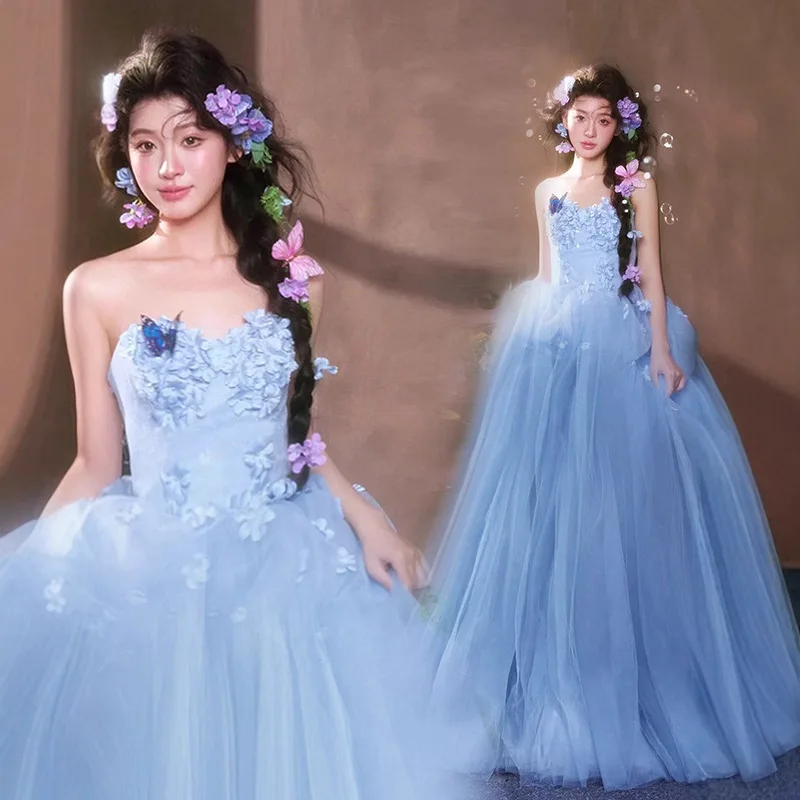 

Blue 2026 New Light Luxury Quinceanera Dresses Strapless Lace Appliques Princess Birthday Party Evening Gowns Vestido De Novia
