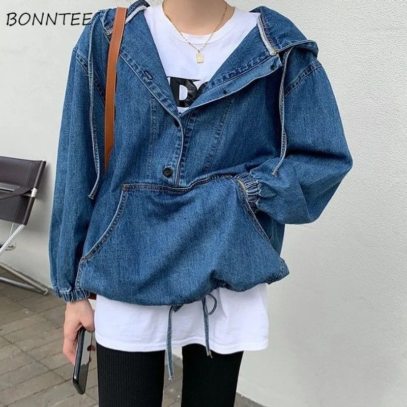 

Hoodies Women Denim Fashion Harajuku All Match Long Sleeve Loose Hooded Street Wear Design Autumn Young Chic Cool Y2k Stylish