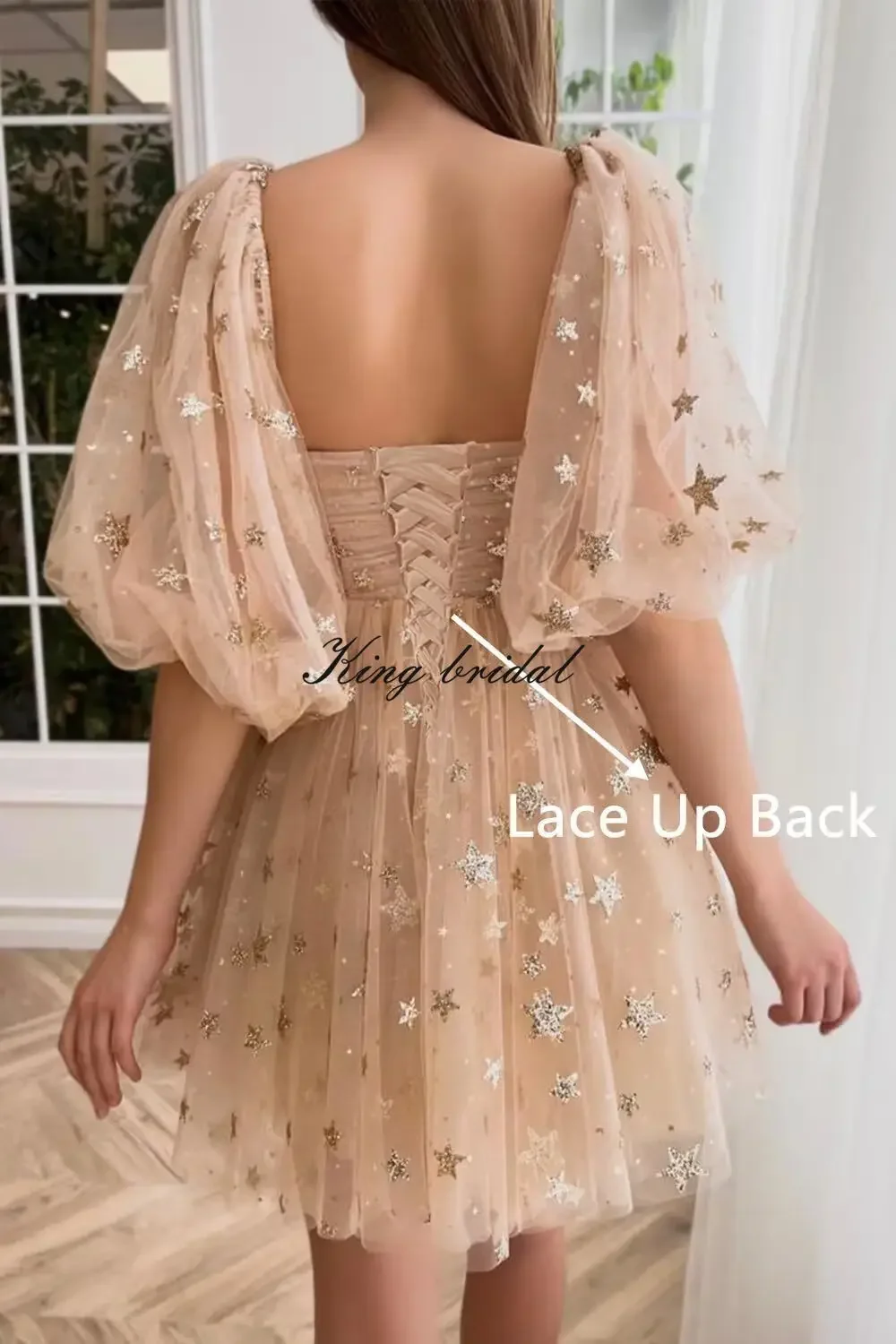 فستان حفلة موسيقية صغير على شكل نجمة لامعة مصنوع حسب الطلب بأكمام منتفخة فستان رسمي للنادي سباركلي مرصع بالنجوم من التل فساتين قصيرة لحفلات العودة للوطن للمراهقين #5