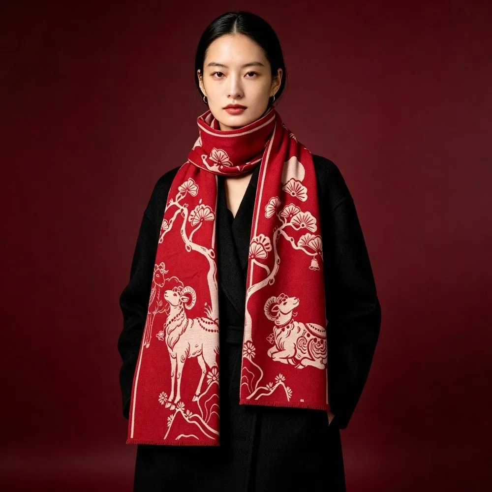 Lamb Cartoon Shape Chinese New Year Sheep Long Scarf Windproof Outdoor Winter Cashmere Scarves Polyester Warm Long Turban Girl