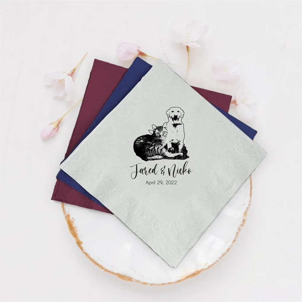 

50 PCS Custom Pet Dog Wedding, Bridal Shower, Rehearsal Dinner, Engagement Party and Bar Cocktail Napkins, Custom Dog Beverage W