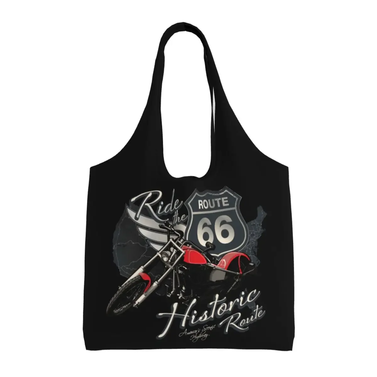 Travel Motorcycle Ride Route 66 Groceries Shopping Bag Canvas Shopper Tote Shoulder Bag Capacity Portable US  Highways Handbag