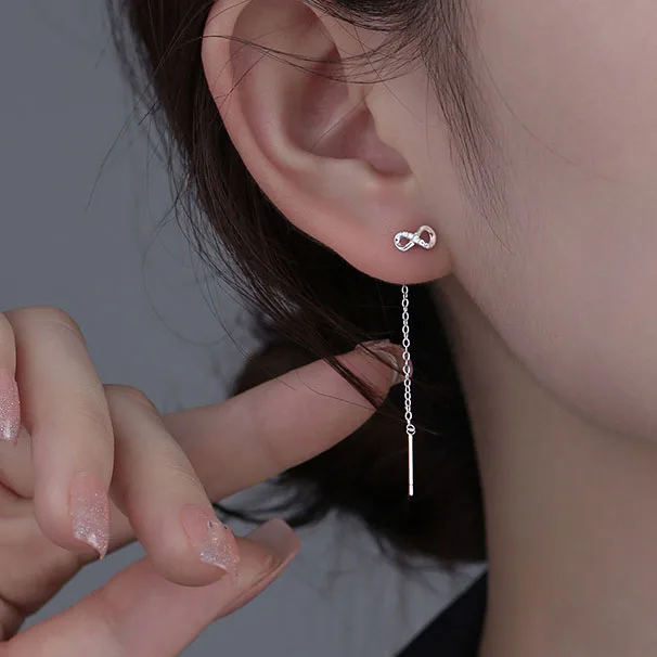 SOFTPIG Real 925 Sterling Silver Zircon Number Infinite Chain Tassel Stud Earrings For Women Trendy Fine Jewelry Minimalist Gift