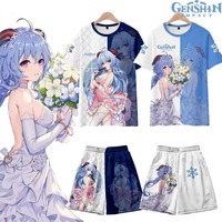 Anime Genshin Impact Kimono Set, Ganyu Cosplay, camiseta de manga curta e shorts, capa Haori, tops de streetwear, calçados