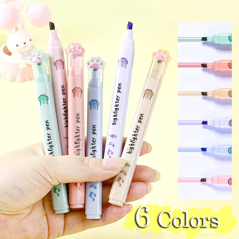 6PCS Highlighter Set Cat Paw Highlighter Pen Markers Art Supplies Kawaii Stationery School Supplies for Students