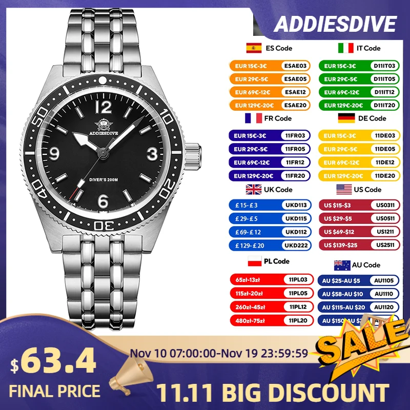 ADDIESDIVE Business Quartz Watch For Men Sapphire Stainless Steel 20Bar Dive Waterproof Sport Wristwatch Luminous Watches