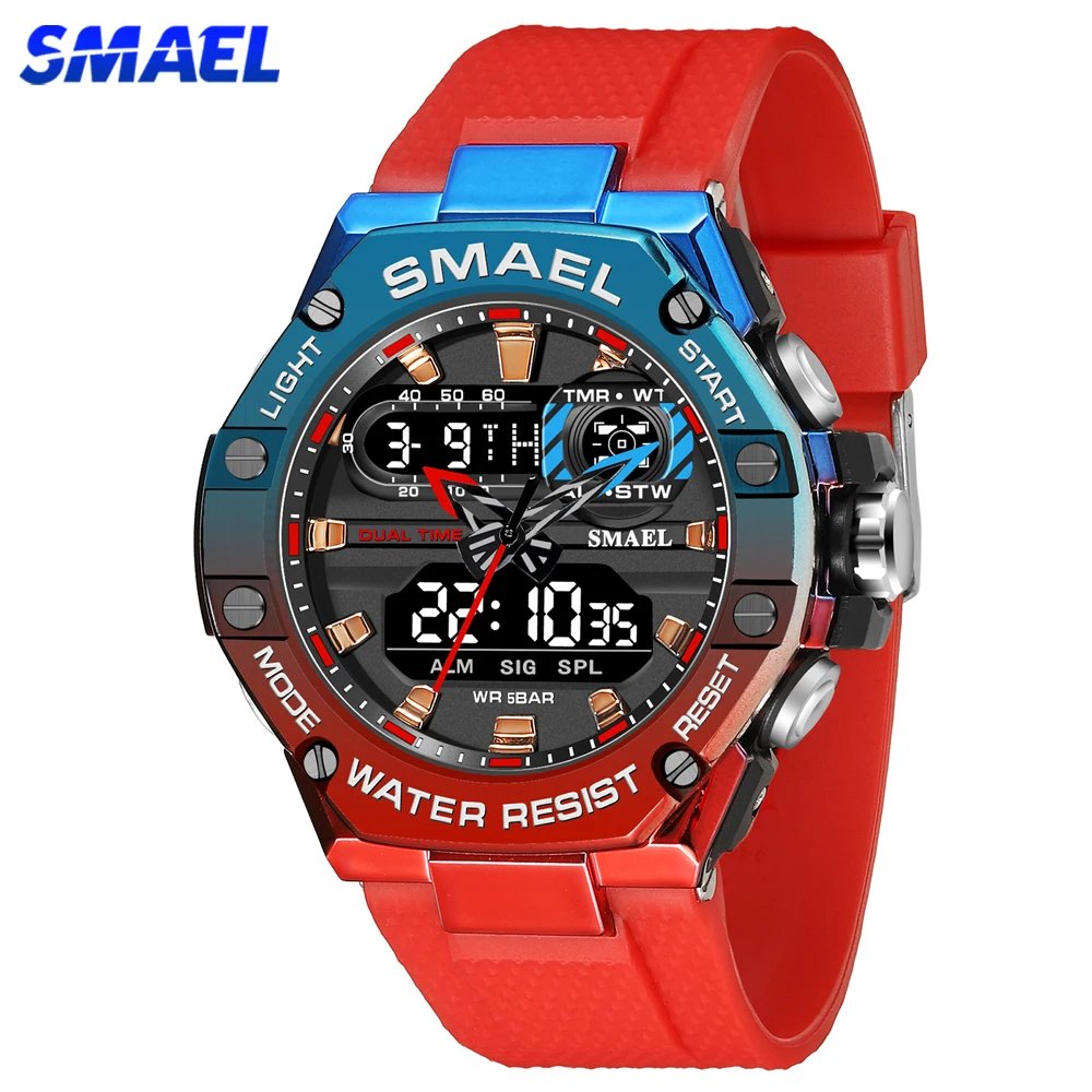 SMAEL ساعة رياضية للرجل المزدوج الوقت ساعة اليد الشباب مصباح ليد إنذار 8066 موضة متعدد الألوان الساعات العسكرية الصبي ساعة توقيت