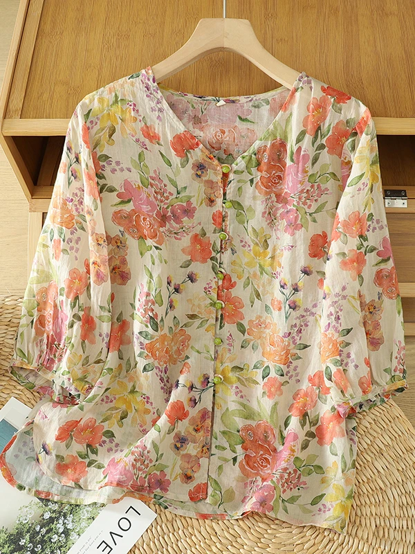 레트로 플로럴 코튼 린넨 5부 소매 여성 여름 패셔너블 루즈 캐주얼 브이넥 코튼 린넨 탑