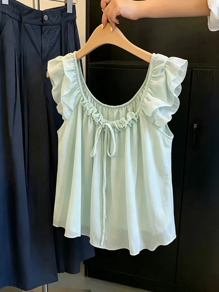 

Summer Slimming Mint Lemonade Sleeveless Top Women's Outerwear French Style Loose Fit Long Sleeve White Enhancing Shirt