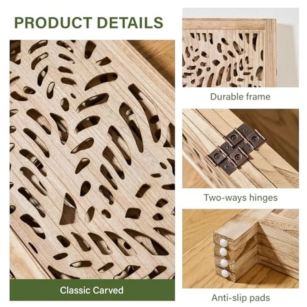 Leaf Carved Room Divider Privacy Screen 67 Inch Tall Foading Decorative Wood Screen Dividers Panel for Home Natural